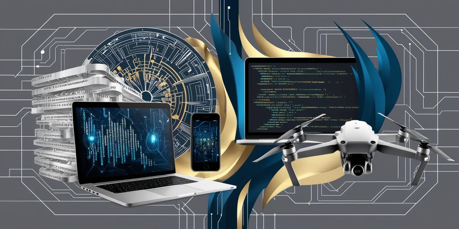 advanced persistent threat cyberintrusions. A collage consisting of an electrical grid, some malicious computer code, a laptop with a ton of code visible on the screen, a single smartphone with a call taking place, a drone. Art deco aesthetic. Mostly grayscale with a small amount of blue and gold. No text. Data streams and circuitry connecting everything and making up the background. No text