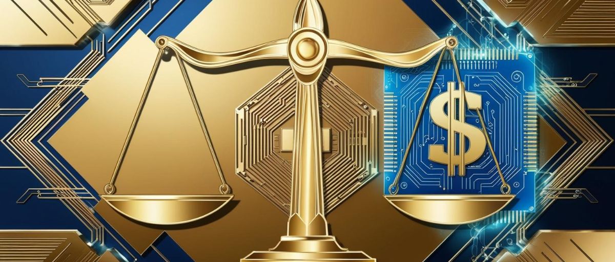 Art Deco style golden scale of justice balanced with a computer chip and dollar signs, geometric patterns in background, metallic gold and deep blue colors, sleek lines and symmetry. No text. Cyber circuitry and data streams connecting elements and making up the background.