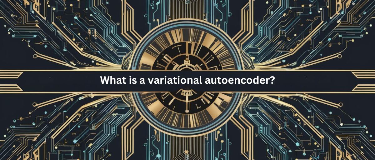 Variational autoencoder as part of cognitive hive AI. Show a melange of motifs related to the data, backpropagation. Data lines and cybercircuits crisscrossing everything and making up the background. Art deco style. No text.