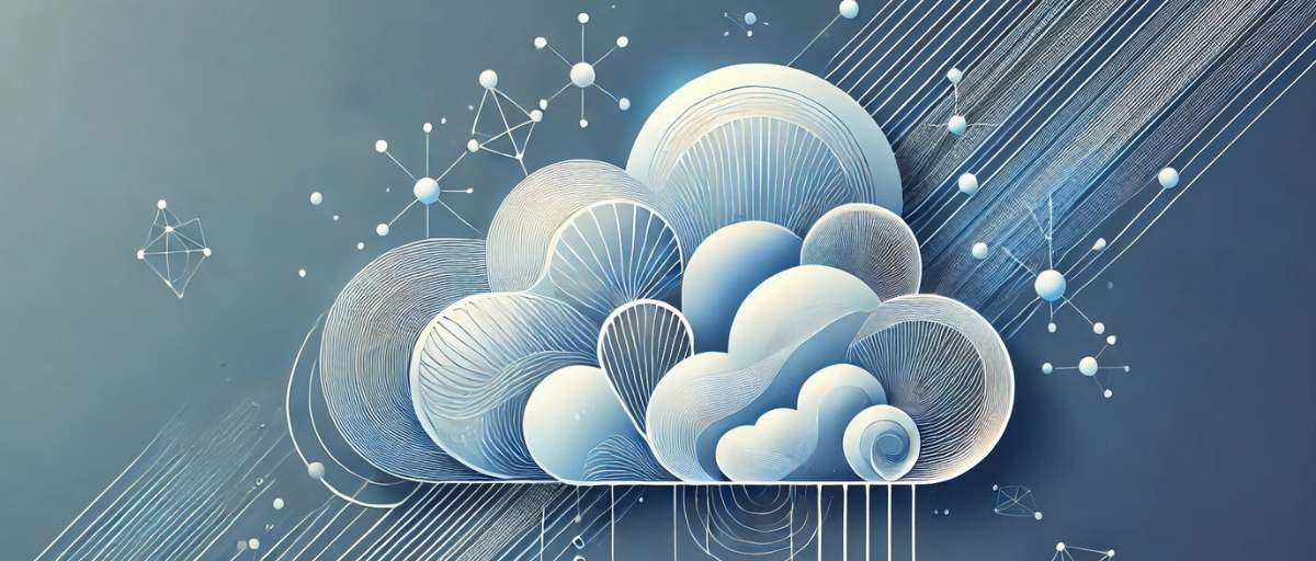 A minimalist art deco aesthetic of organic cloud-like forms transforming into clean geometric vectors, symbolizing AI vector embeddings. Use curved lines and interconnected nodes to show the transition from data to structured information. Blue and silver gradients in the background to evoke a futuristic yet elegant look.