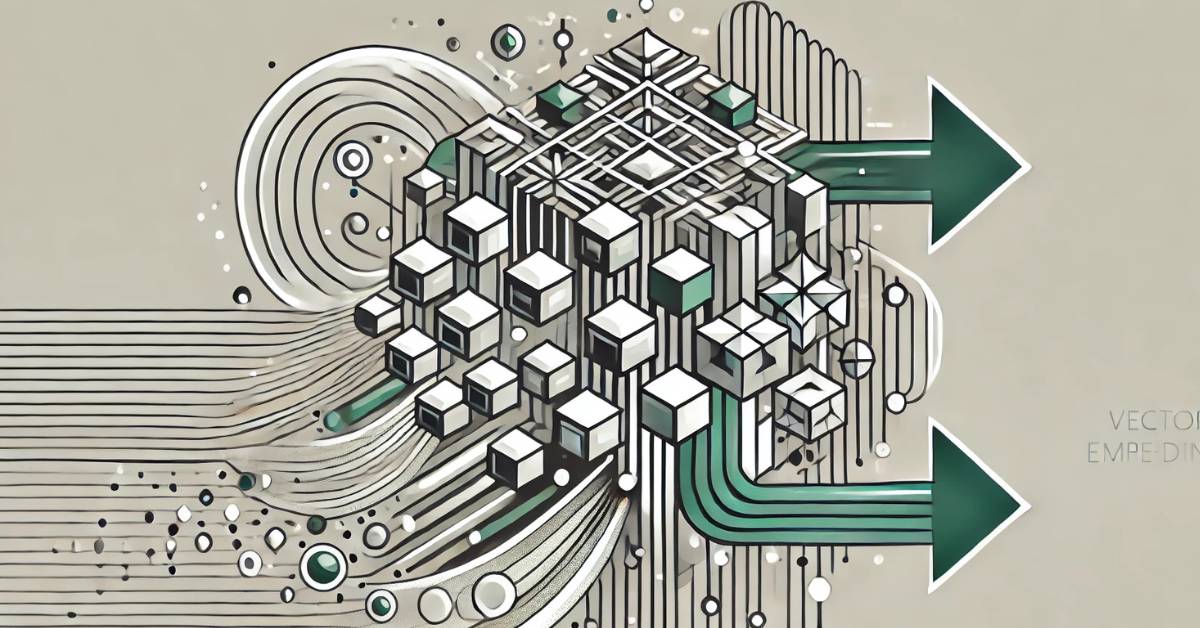 A minimalist art deco aesthetic showing complex geometric shapes transforming into small, clean cube-like vectors, symbolizing how vector embeddings reduce data complexity for AI. Use flowing arrows to depict the transformation, with a silver and green color scheme to evoke speed and computational power.