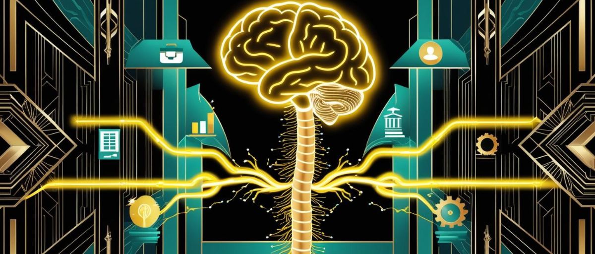 An Art Deco-style illustration of a glowing, abstract human brain, seamlessly connected to a spinal column. The spinal column extends downward, branching out into intricate golden nerves that weave through an abstract corporate environment. Along the glowing pathways, Art Deco-styled icons appear: a briefcase for business operations, a bar graph for finance, a magnifying glass for analytics, a handshake for client services, and a gear for operations. The nerves light up each icon with radiant gold and teal energy, showing interconnectedness. The backdrop features symmetrical Art Deco patterns in black and gold with teal accents, combining elegance with a futuristic corporate aesthetic. The overall composition integrates organic forms with corporate iconography, embodying the concept of AI as the central nervous system of the organization. No text. Neural circuitry and data streams connecting icons to each other and to the brain and spine.