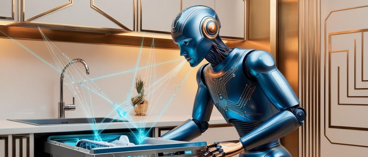 Physical AI—an art deco robot loading a dishwasher in an art deco kitchen. Depict that it is connected to its surroundings via glowing neural network of data streams