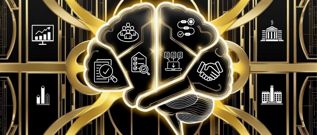 An Art Deco-inspired illustration of a glowing, abstract human brain where each "lobe" is represented by stylized, metallic geometric shapes symbolizing corporate departments like finance, marketing, and operations. Specific icons appear in the lobes: a bar chart trending up and to the right; a magnifying glass icon; a gear, a handshake, a factory. No single icon is repeated. Intricate, symmetrical neural pathways, glowing in gold, interconnect these lobes. The backdrop is a sleek, black and gold Art Deco pattern with subtle cityscape elements. The overall aesthetic combines neural anatomy with a high-tech corporate feel in the refined elegance of the Art Deco style.