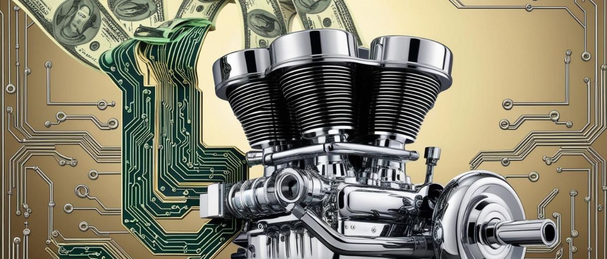 Allegorize a sales engine by showing an actual internal combustion engine generating money as a highly efficient machine. Art Deco aesthetic, cash coming out the manifold, cybercircuitry and data streams connecting the cash to the engine and also circuitry patterns across the engine itself.