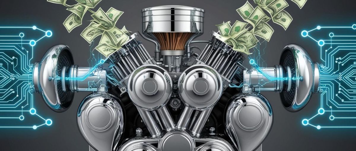 Allegorize a sales engine by showing an actual internal combustion engine generating money as a highly efficient machine. Art Deco aesthetic, cash coming out the manifold, cybercircuitry and data streams connecting the cash to the engine and also circuitry patterns across the engine itself.