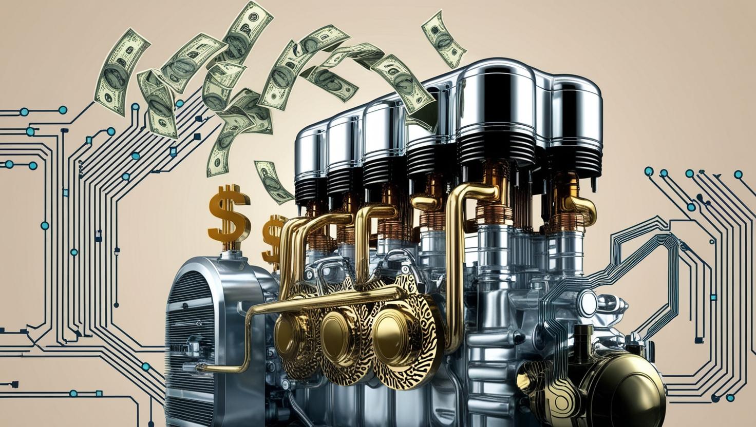 internal combustion engine generating money as a highly efficient machine. Art Deco aesthetic, cash coming out the manifold, cybercircuitry and data streams connecting the cash to the engine